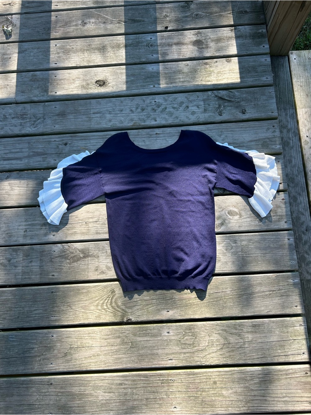 Collection B Navy Knit Top with White Ruffle Sleeves